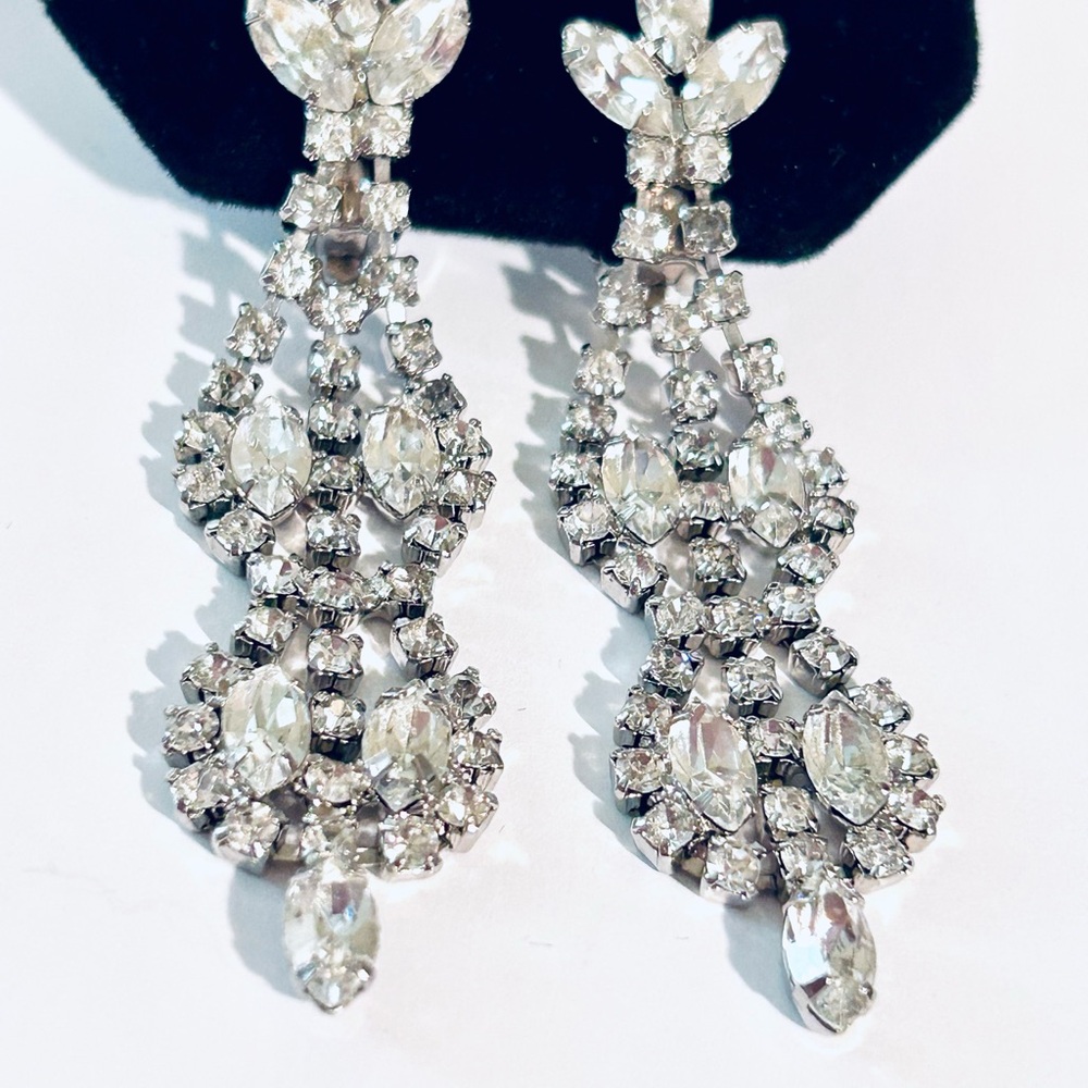 Statement Rhinestone Drop Clip-On Earrings - Clear Rhinestone Chandelier - Picture 5 of 7